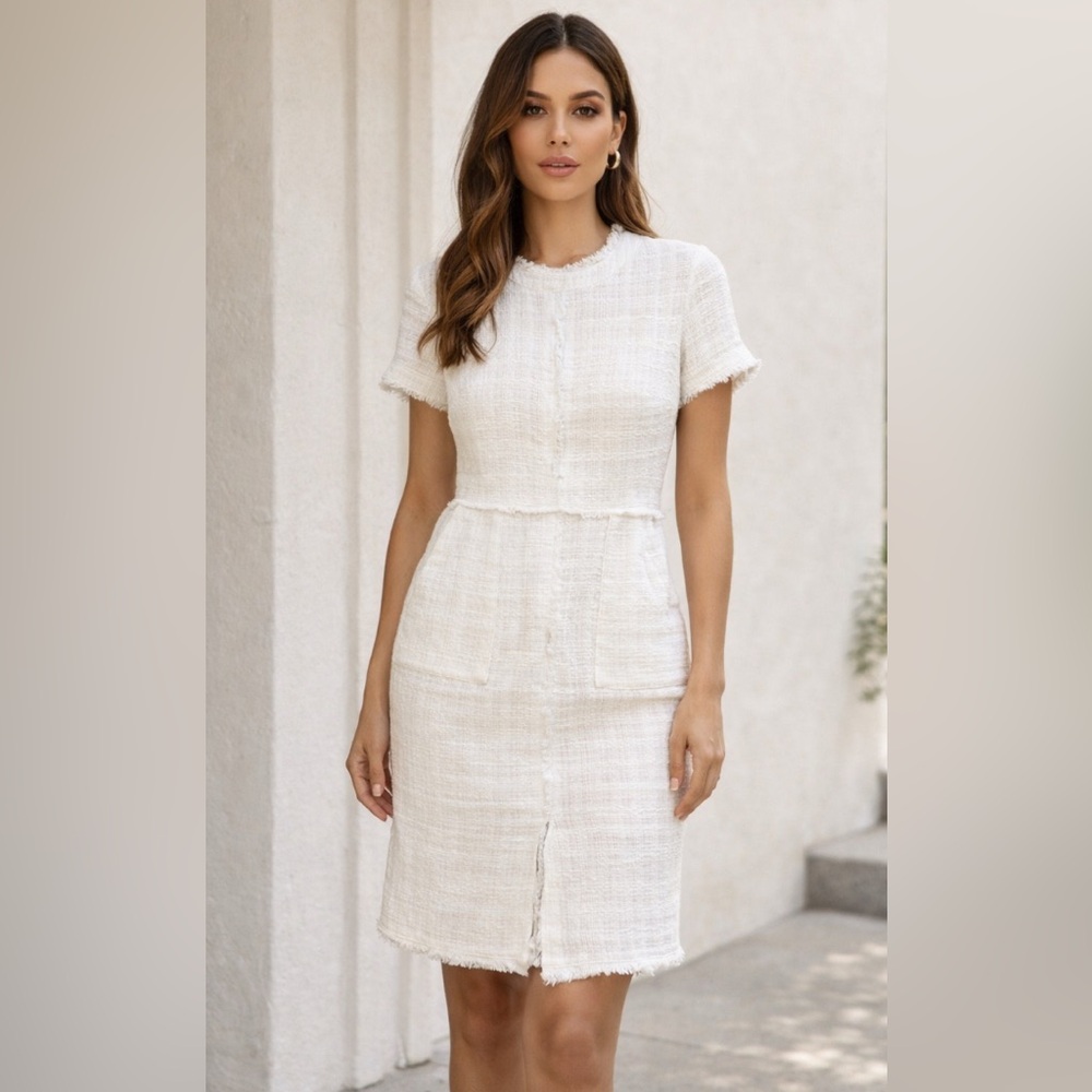 Banana Republic Cotton Tweed White Pencil Midi Short Sleeve Dress Size 0